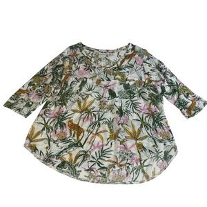 Rachel Zoe 1X Linen Jungle Print Blouse Safari Leopard Boho Resort Artsy